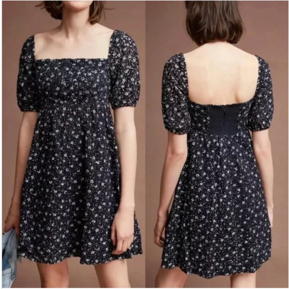 Anthropologie Maeve Navy Lillianne Floral Puff Sleeve‎ Eyelet Mini Dress Size 4